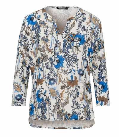 Blue, Cream & Beige Floral V-Neck Top With Shirt Collar