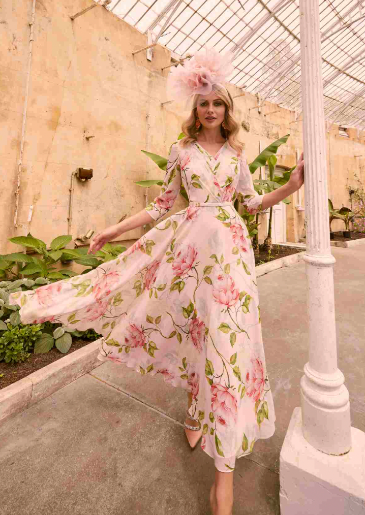 Rose Pink Floral Print Dress with V-Neck and 3/4 Sleeves