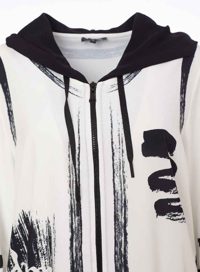 White Zipped Brushstroke Print Jacket with Black Hood & Trim