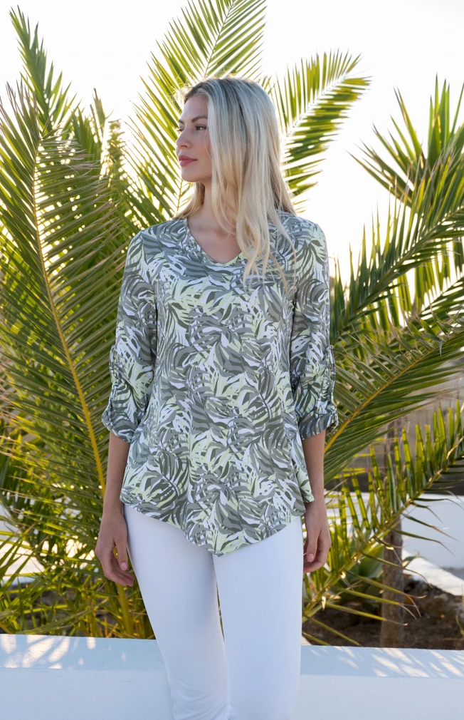 Leaf Pattern Top With Ruched Sleeve