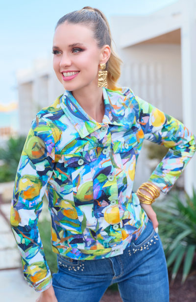 Abstract Print Button Up Jacket With Clear Stud Detailing