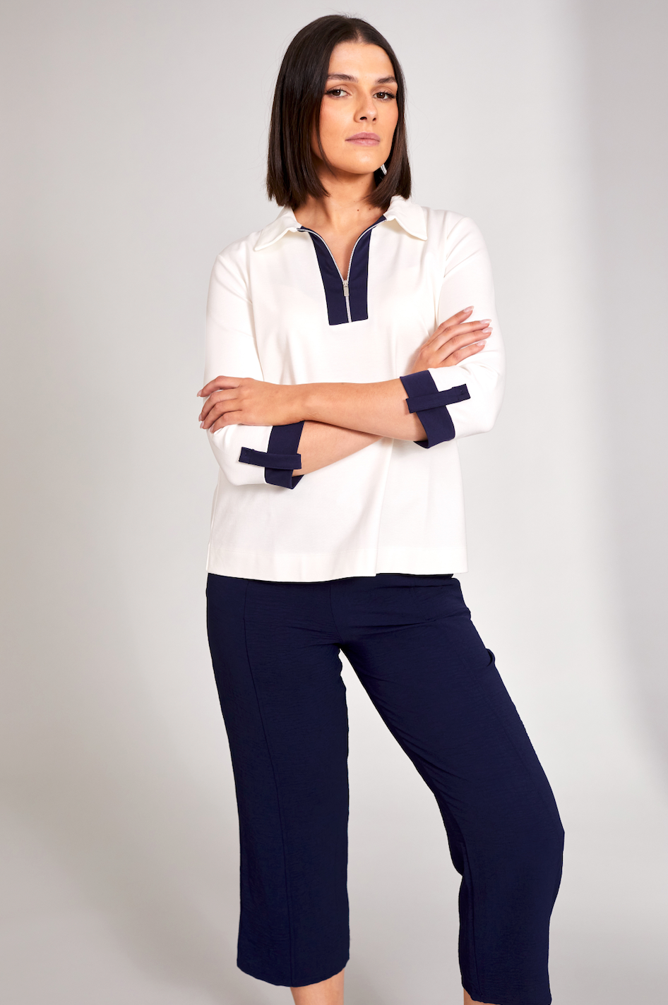 Cream Polo Zip Up Collar Top With Navy Accent and 3/4 Sleeves