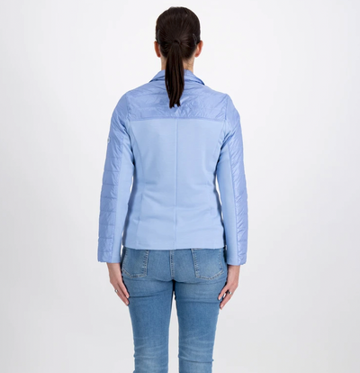 Blue Jacket With Quilted Blocks and Button Detailing