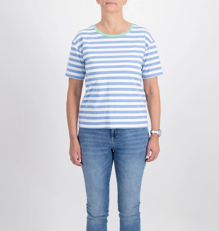 Blue And White Striped Top With Seafoam Green Round Collar