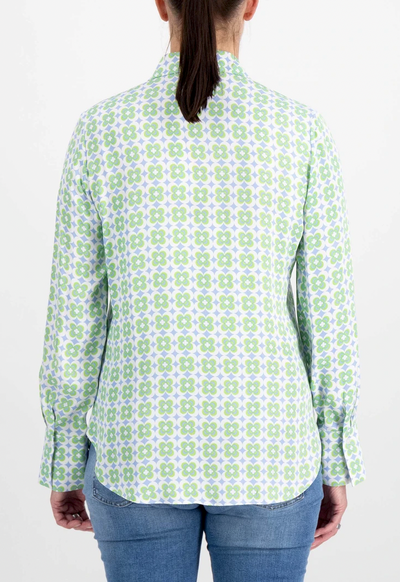 Blue and Green Buttoned Up Shirt with Clover Print