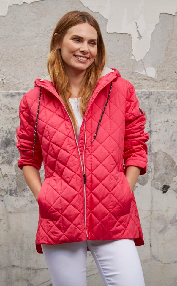 Red Quilted Zip Jacket With Hood