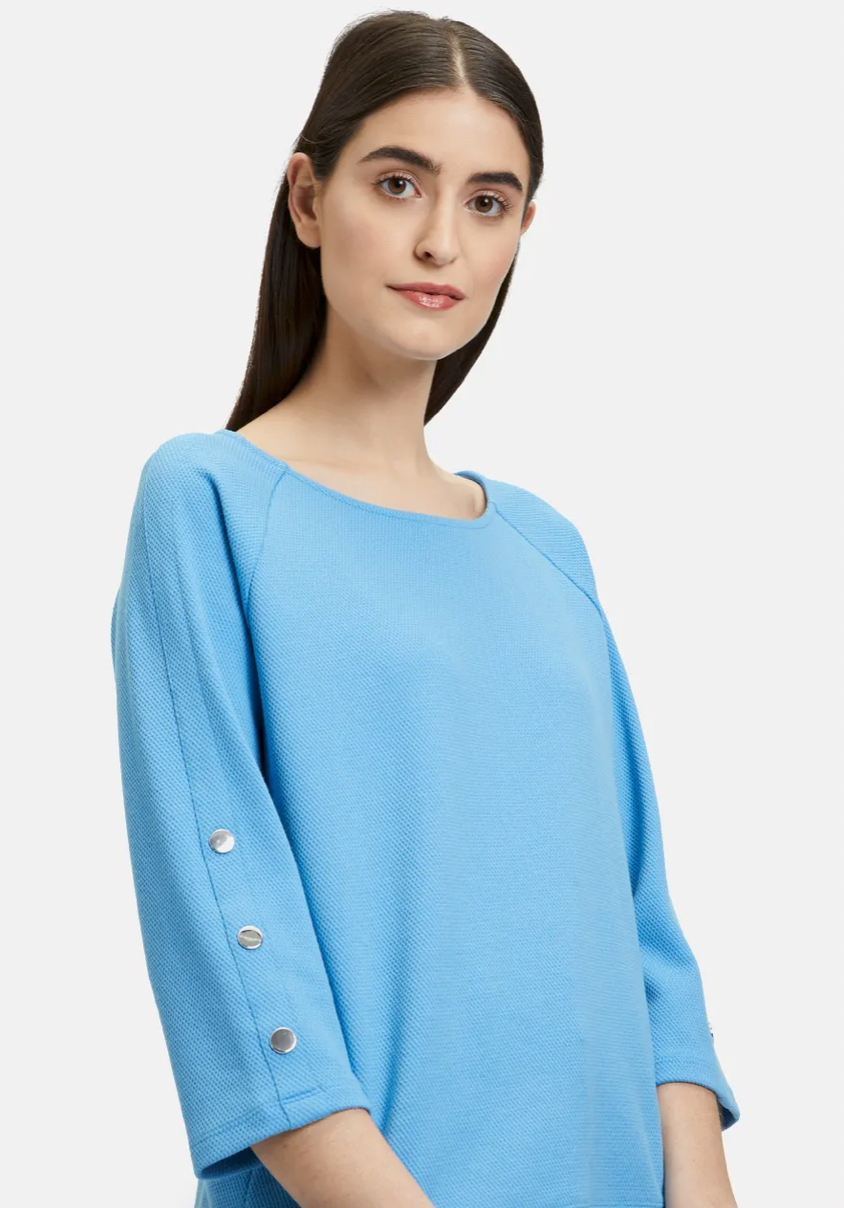 Plain Blue Knitted Jumper with Button Detail & 3/4 Sleeves
