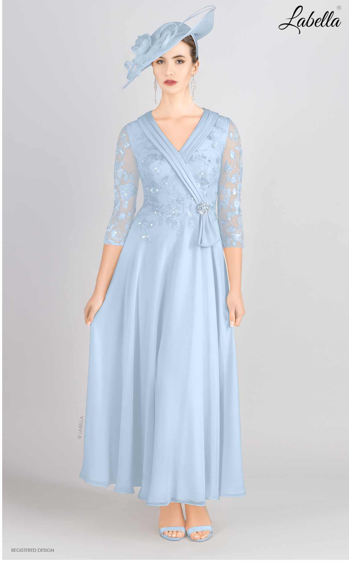 Light Blue V Neck Dress With Lace Bodice