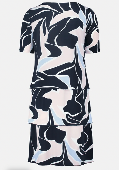 Navy & Pink Abstract Print Round Neck Chiffon Dress