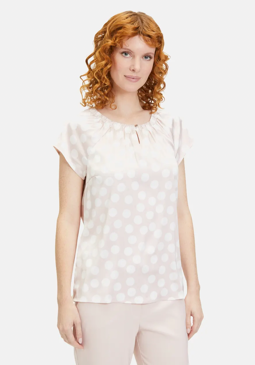 Pink & White Polka Dot Round Neck Top With Silver Button