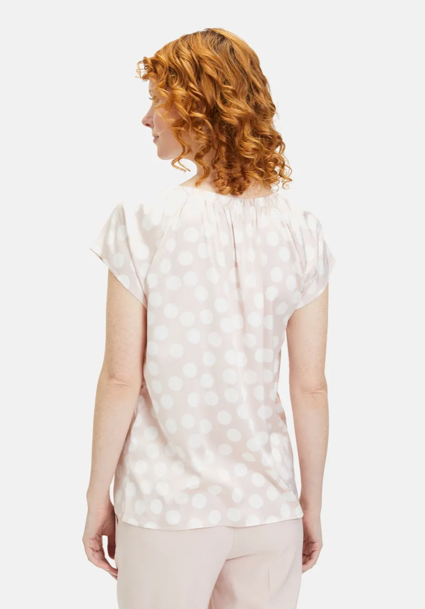 Pink & White Polka Dot Round Neck Top With Silver Button
