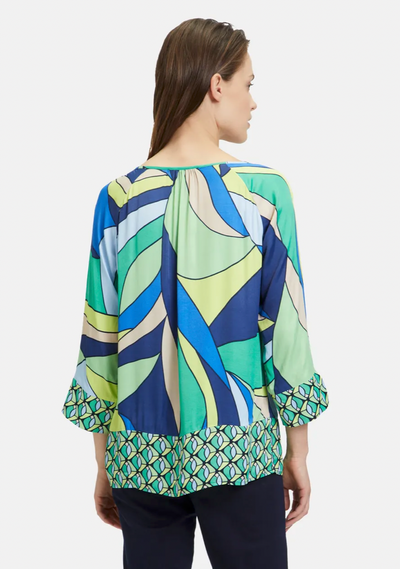 Blue & Green Abstract Top With Mini V-Neck 3/4 Sleeves