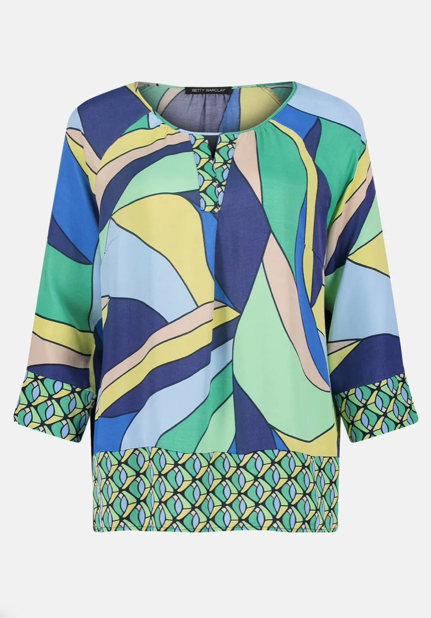 Blue & Green Abstract Top With Mini V-Neck 3/4 Sleeves
