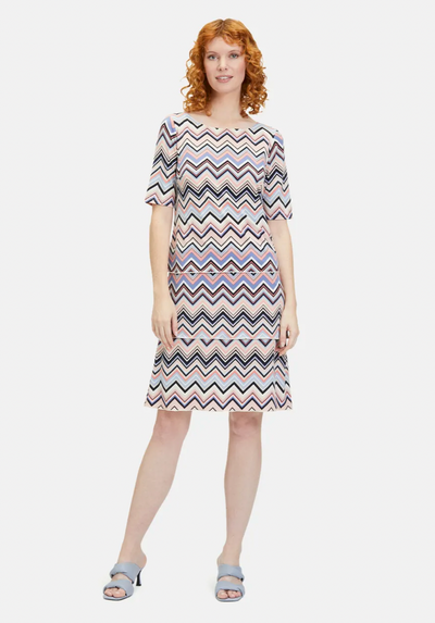 Pink and Navy Short Sleeve Layered Dress with ZigZag Pattern