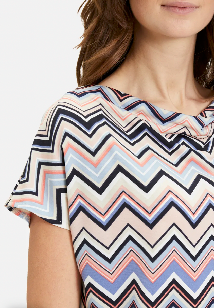 Pink and Navy Cowl Neck Top with Short Sleeves and ZigZag Pattern