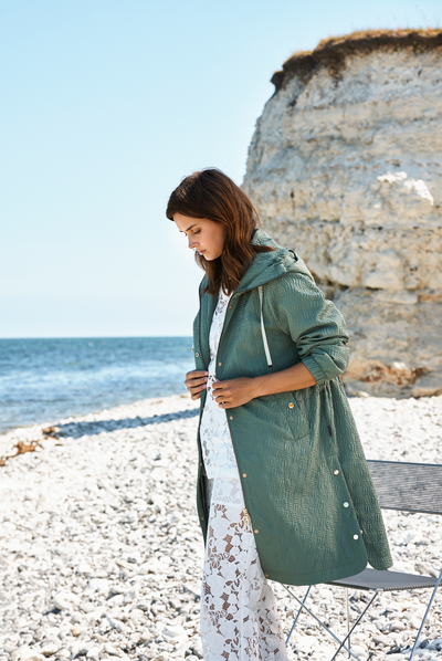 Khaki Green Coat With Button Detailing on Sides & Hood