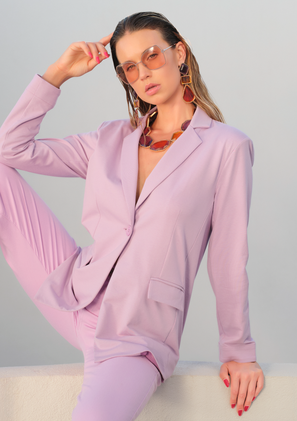 Long Lavender Blazer with Single Button & Front Pockets