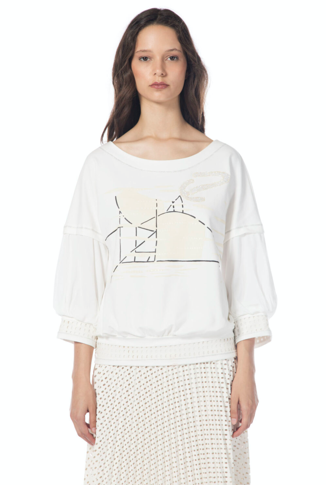 Off White Round Neck Jumper With Graphic Detailing & Chiffon Puffed Sleeve