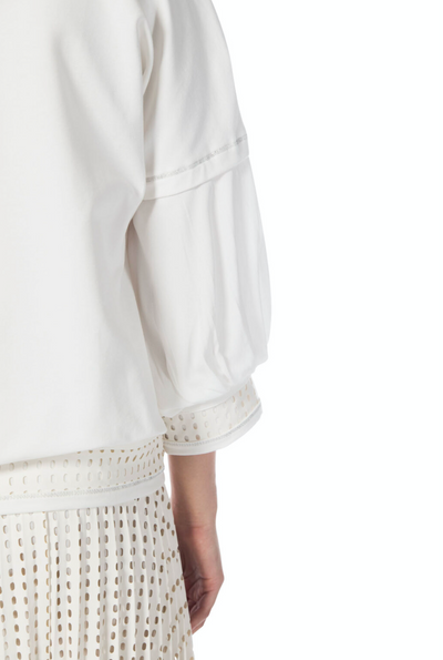 Off White Round Neck Jumper With Graphic Detailing & Chiffon Puffed Sleeve