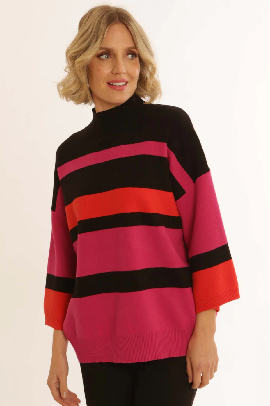 Pink, Black & Red Striped Turtleneck Jumper