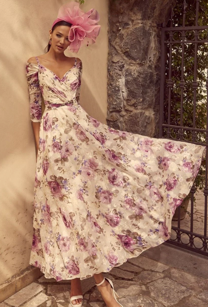 Cream Off the Shoulder Dress With Pink, Beige & Lilac Floral Pattern – La Creme Boutique