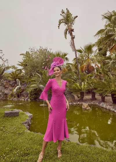 Hot Pink Dress with Bell Sleeve and 3D Embelishment