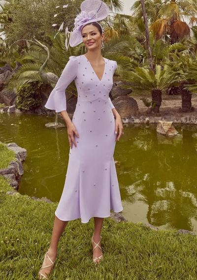 Lavender Dress with Bell Sleeve and 3D Embelishment