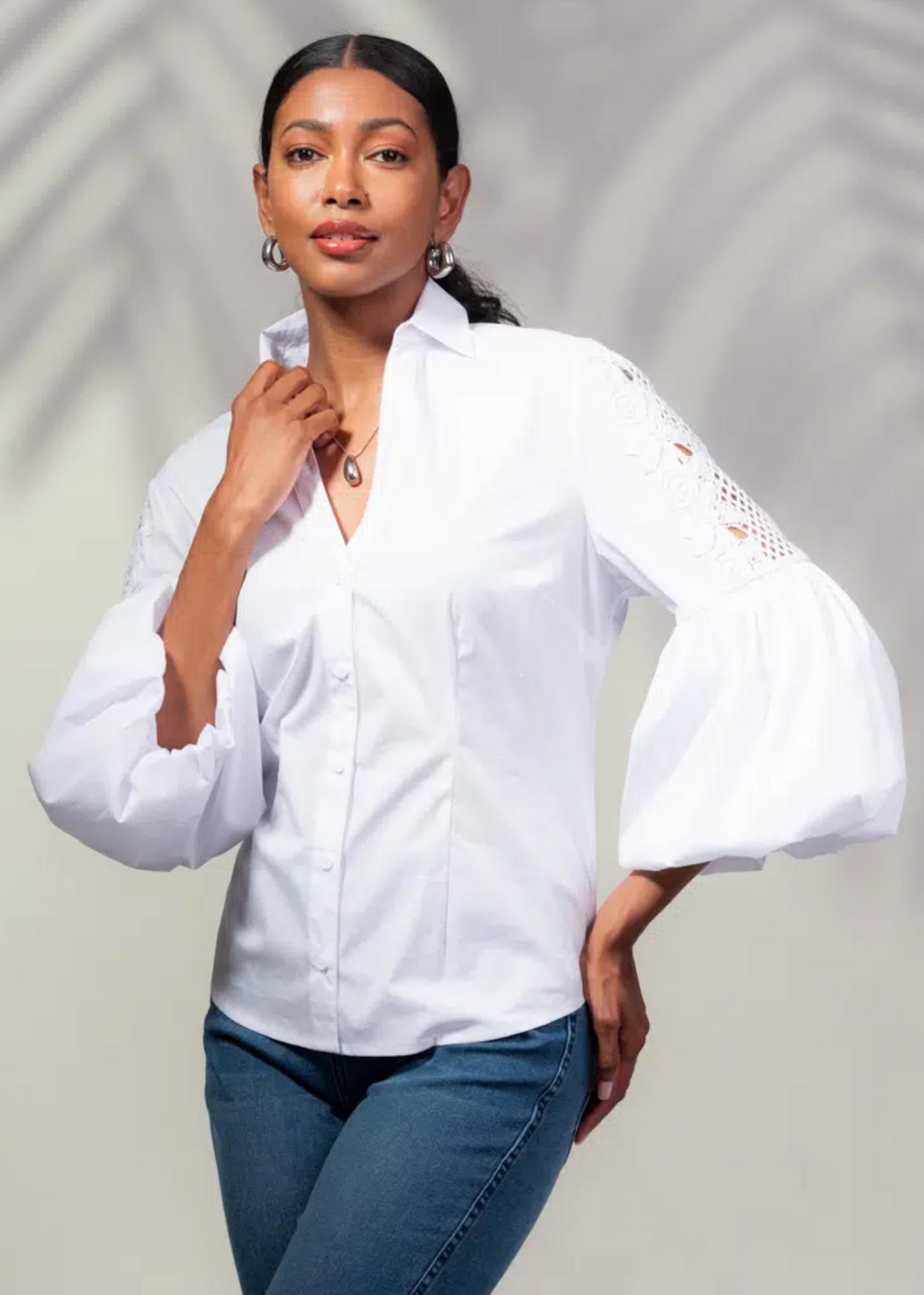 White Shirt With Lace Detail & Puff Sleeves