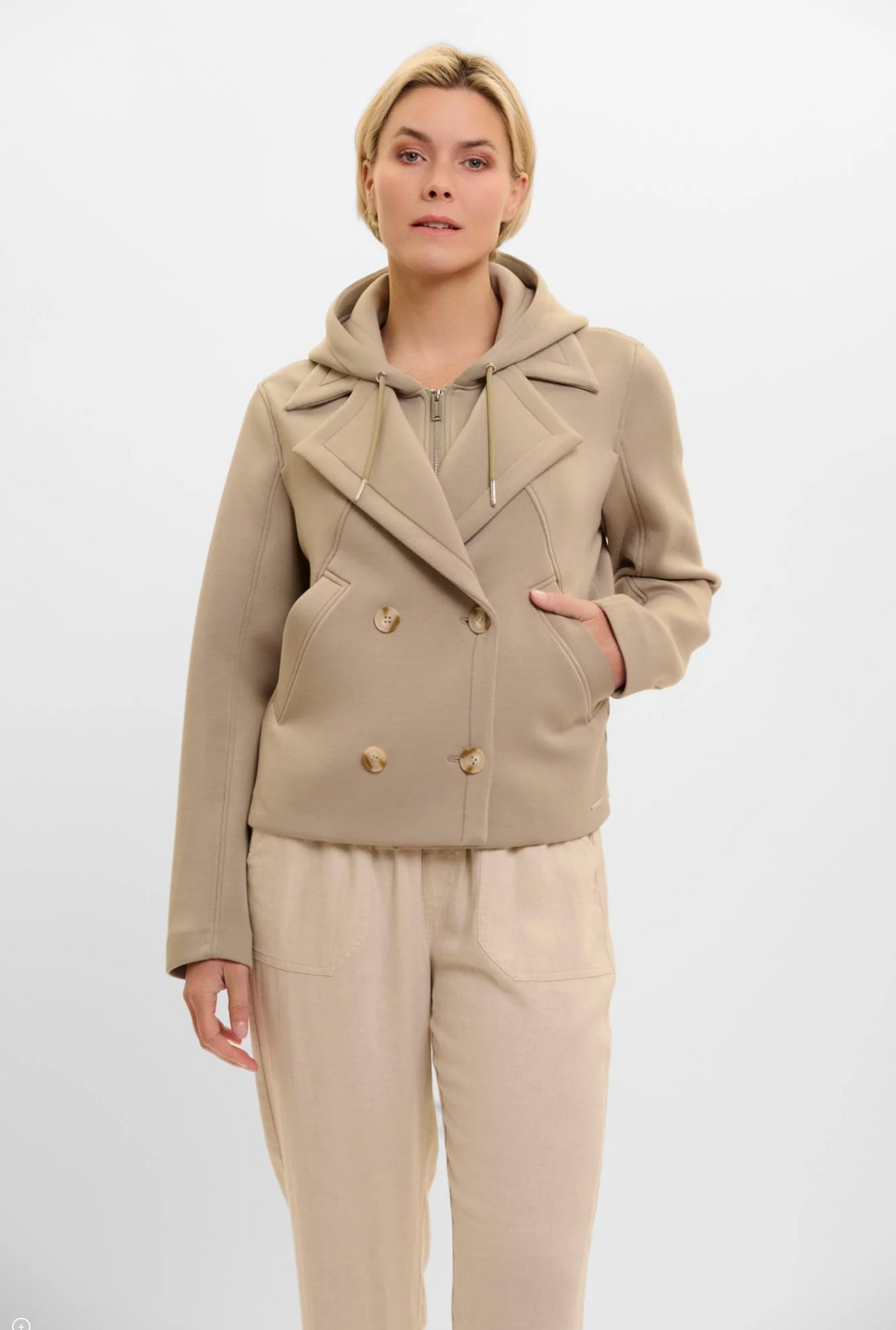 Dusty Khaki Double Breasted Jacket With Detachable Hood Collar