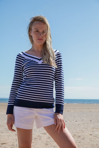 Navy & White Striped V-Neck Jumper