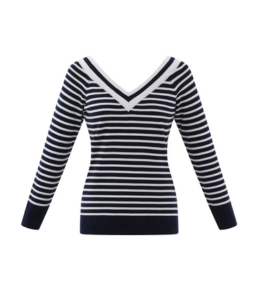 Navy & White Striped V-Neck Jumper