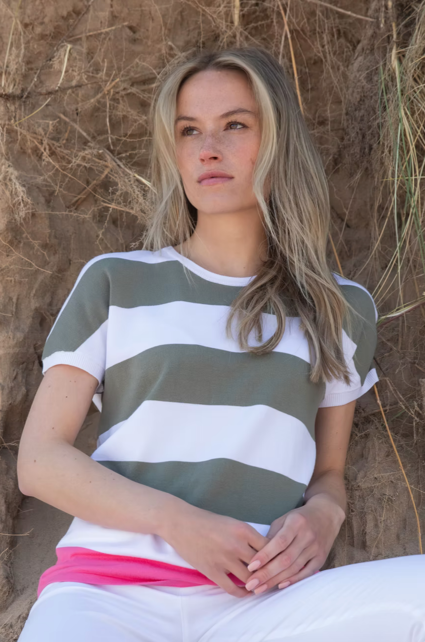 Khaki, White & Pink Striped Top