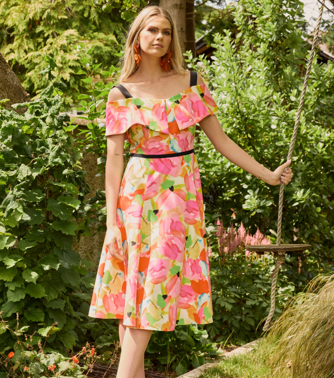 strapless open back dress 24119- Kate Cooper Print Dress w/ Flared Sleeve – Fifty Seven Boutique main image 1