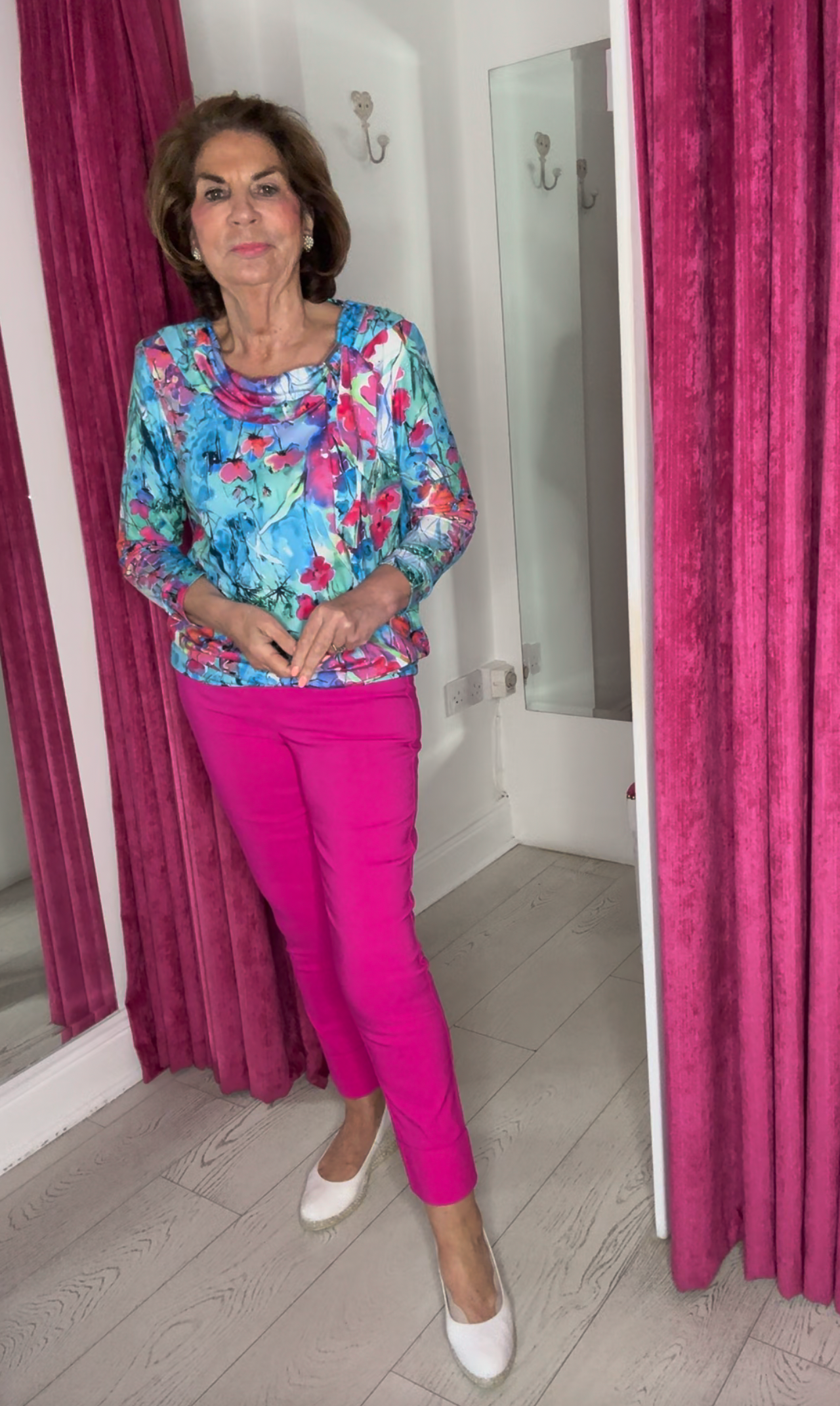 Blue and Pink Floral Effect Top with Cowl Neck