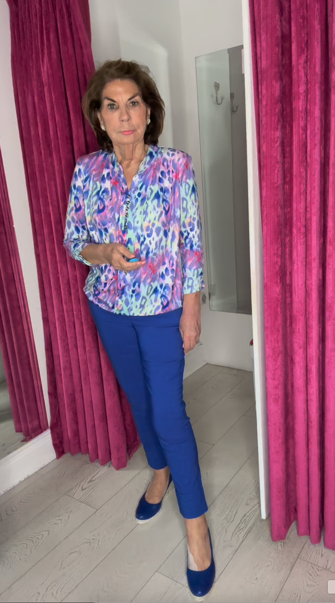 Animal Print Top with Grandfather Collar and Silver Buttons