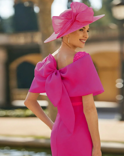 Fuchsia Dress With Beaded Shoulders & Bow on Back