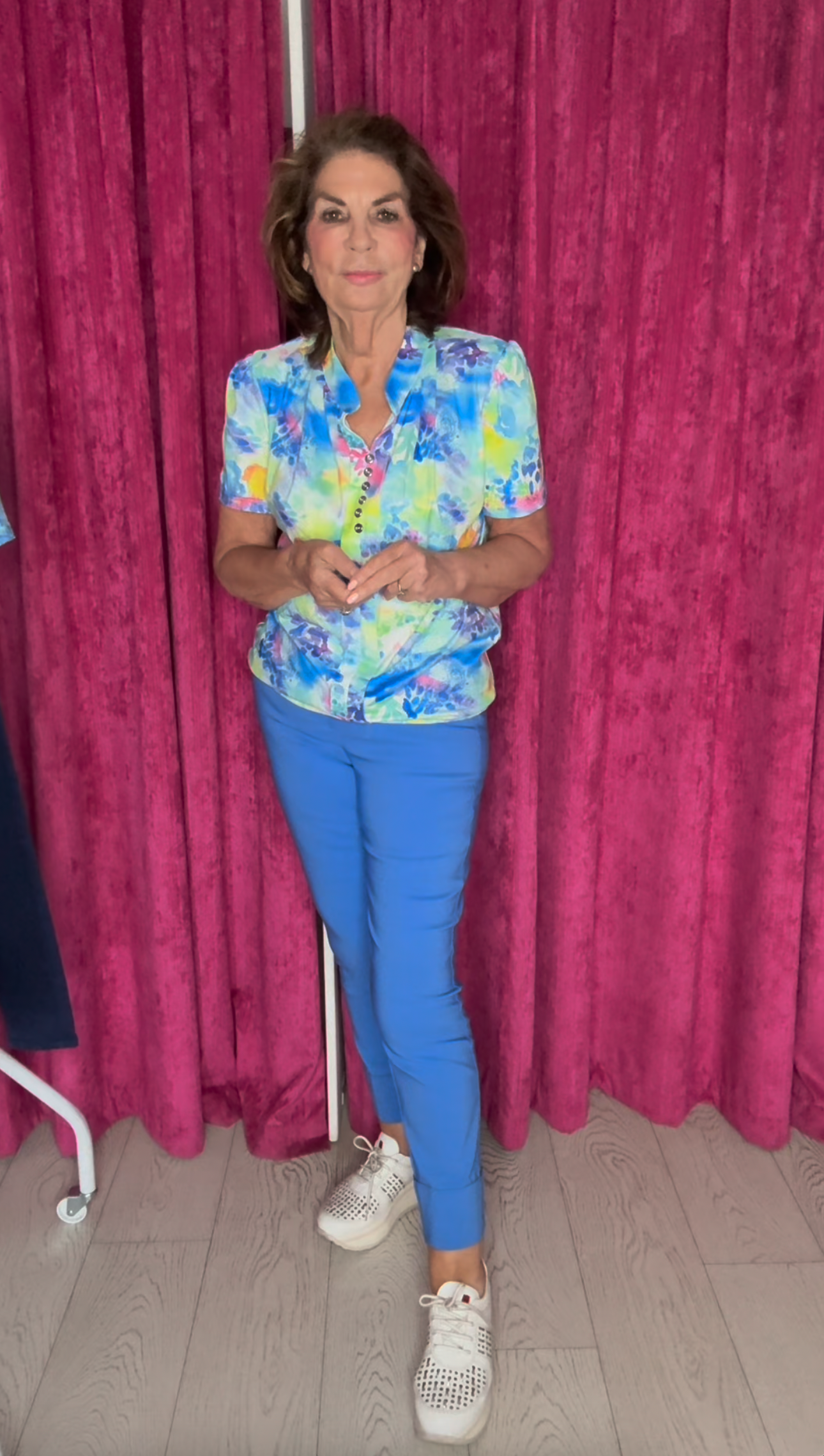 Colourful V-Neck Shirt Style Top with Silver Buttons