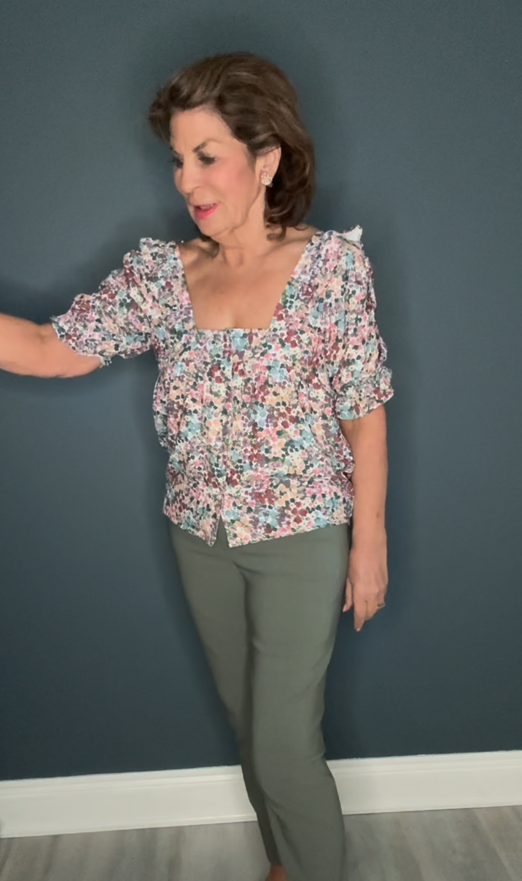 Mila  Floral Short Sleeve Top With Frill and Button Detailing
