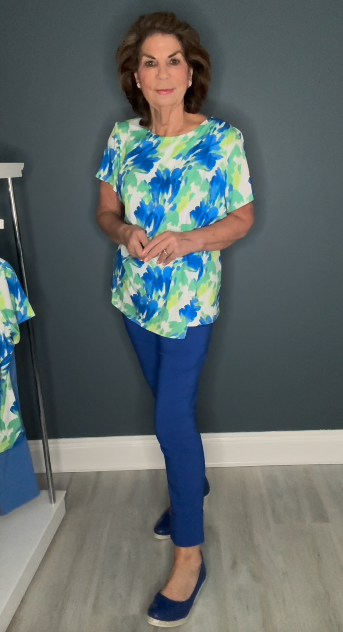 Blue and Green Brushstroke Effect Top with Cross Over Detail