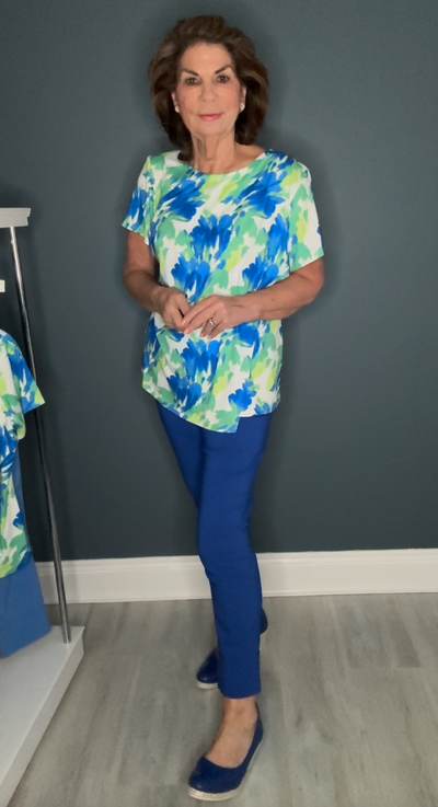 Blue and Green Brushstroke Effect Top with Cross Over Detail