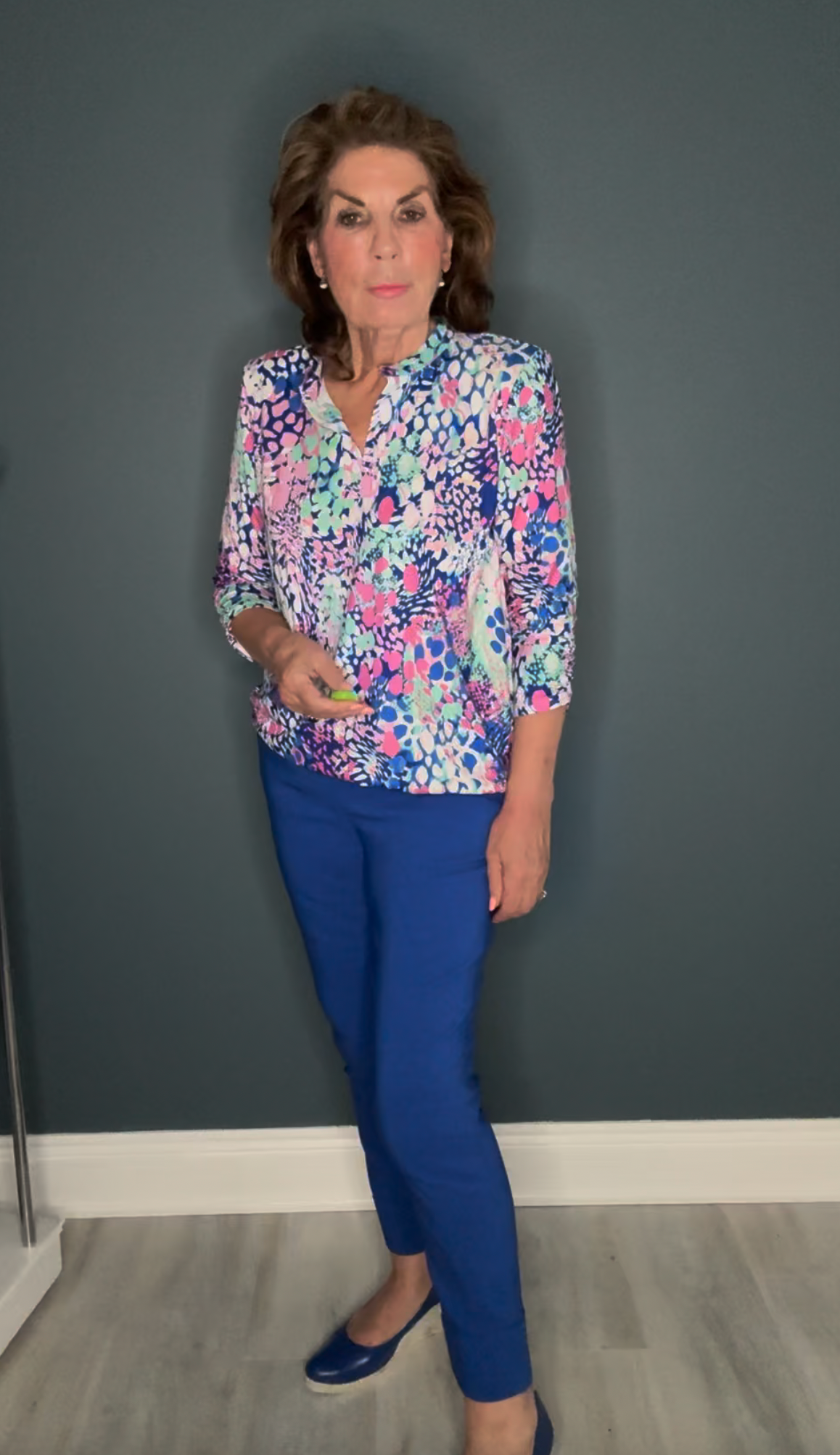 Blue and Pink Animal Print Top with Grandfather Collar