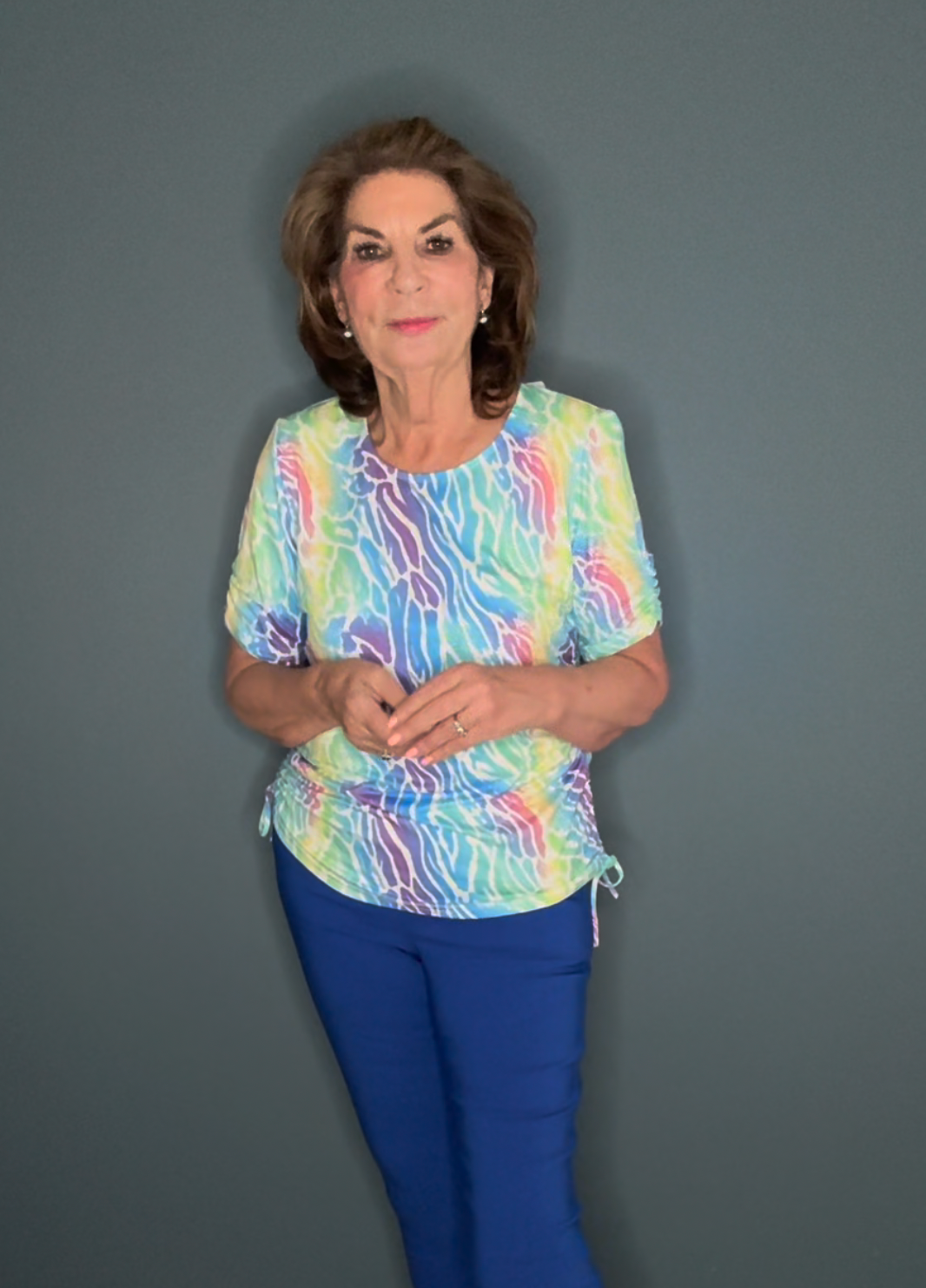 Animal Print Rainbow Effect T-Shirt with Side Rouching
