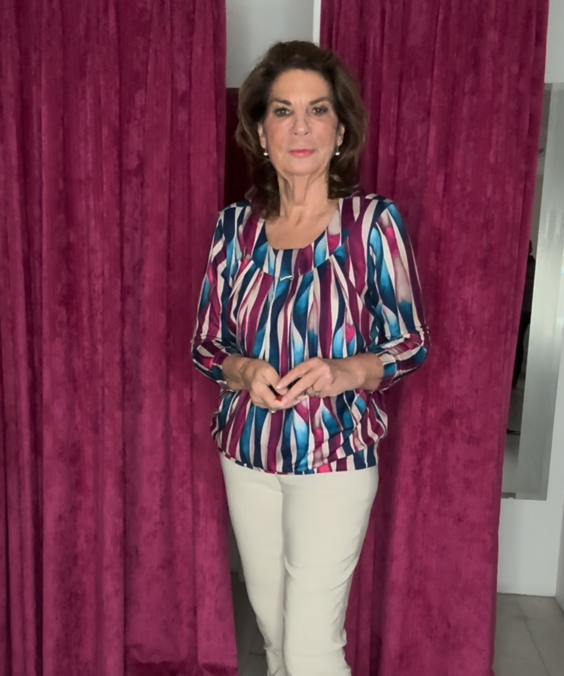 Vibrant Wave Pleated Round Neck Top