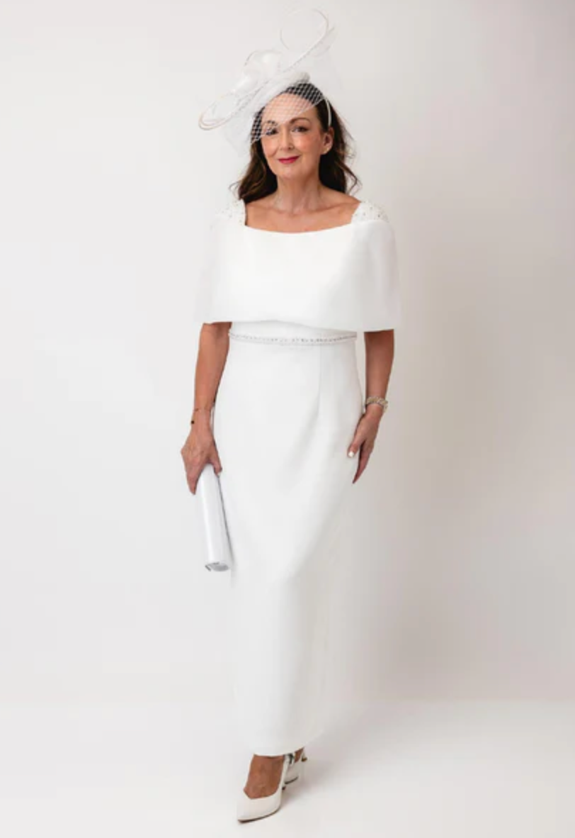 White Dress With Beaded Shoulders & Bow On Back