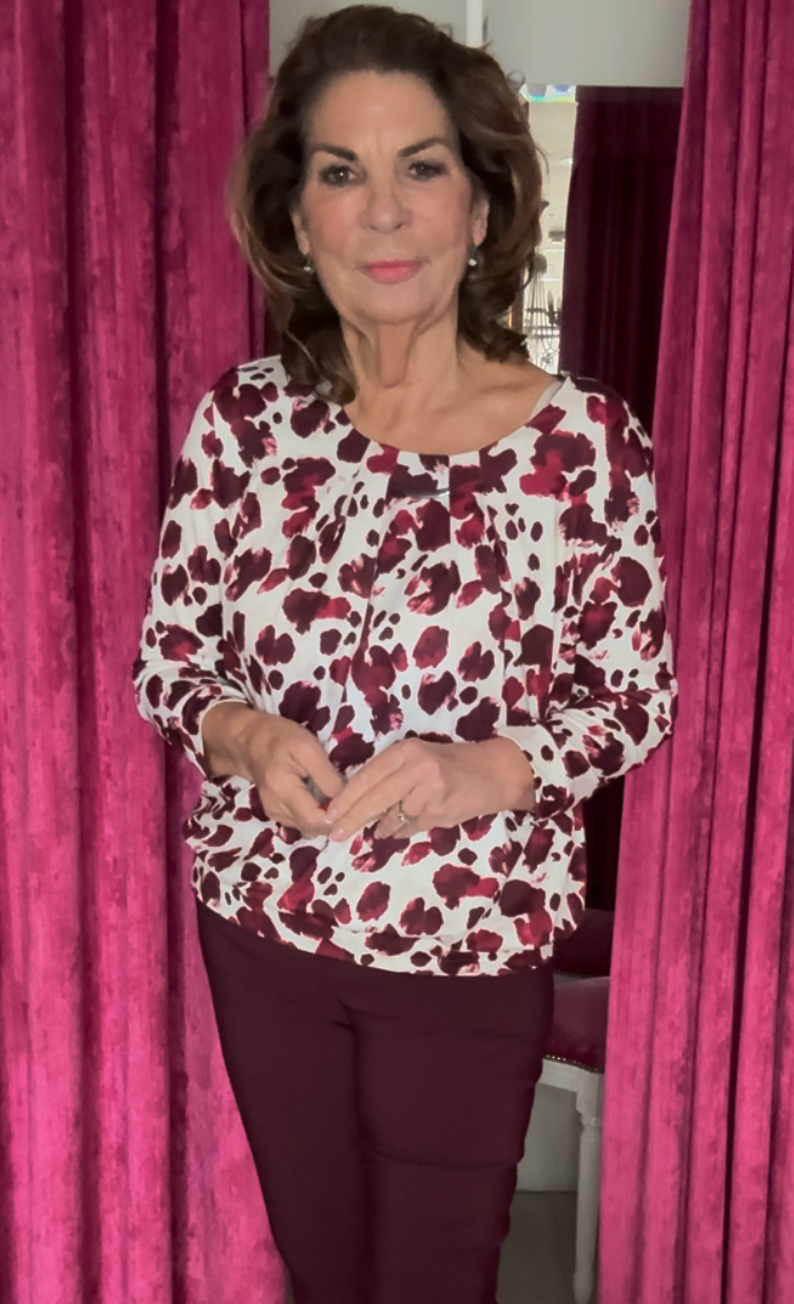 Wine Blotch Patterned Top With Buckle Detail