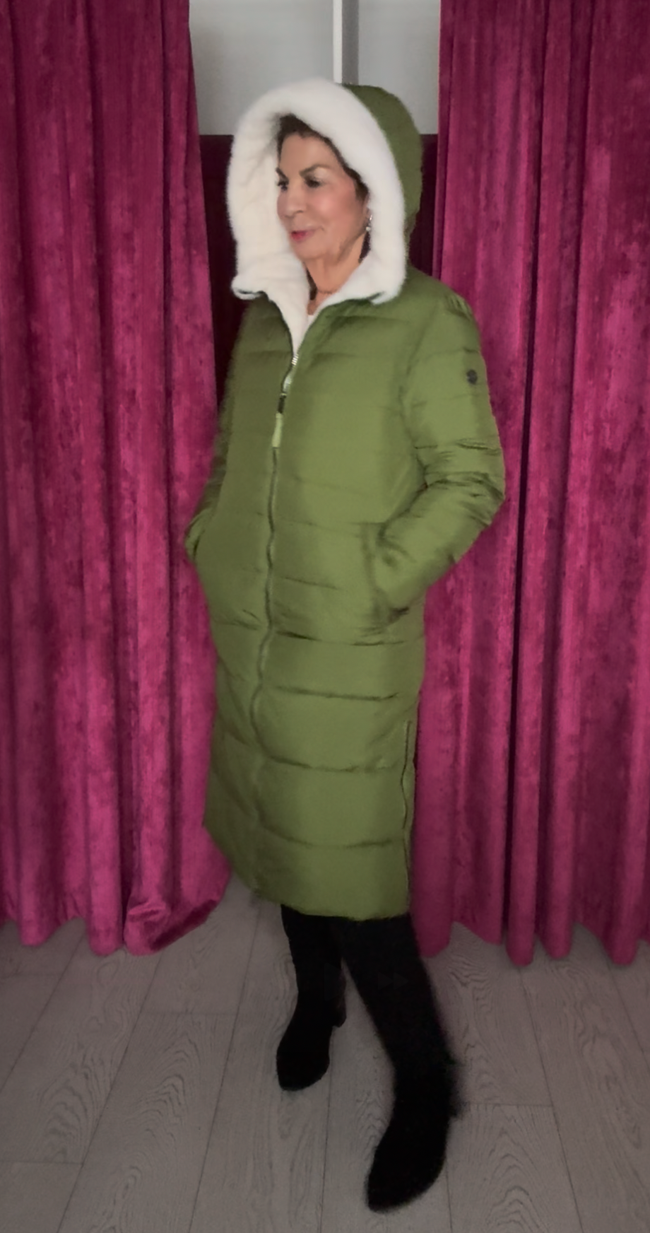 Green Puffer Coat with Faux Fur Hood