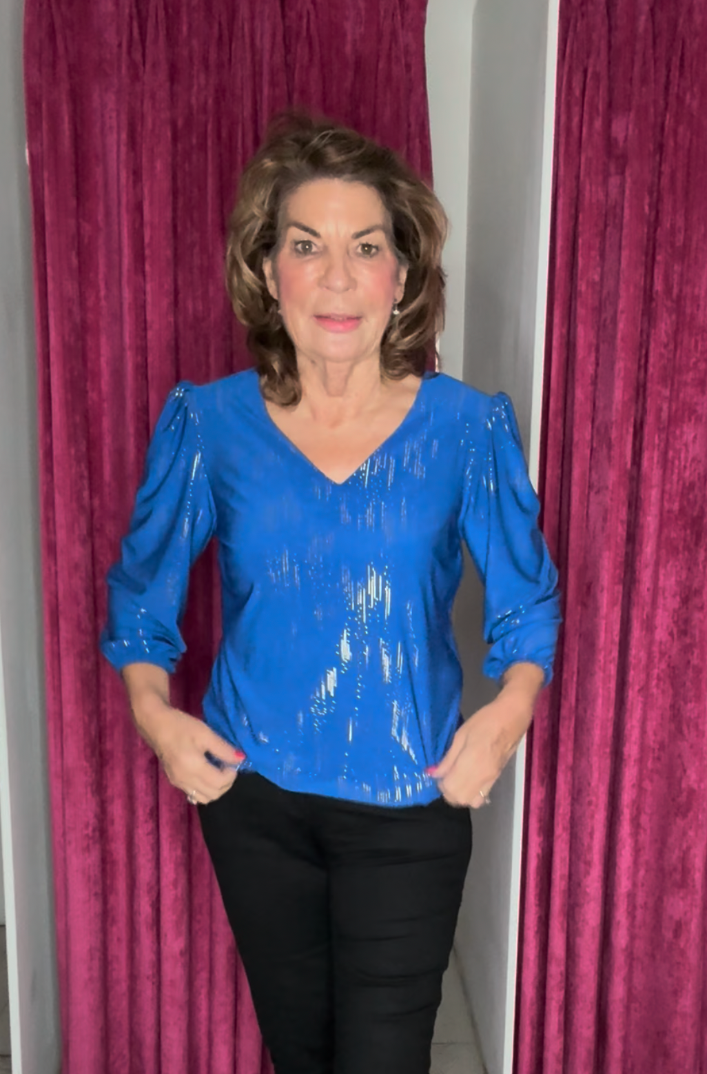 Blue V-Neck Top With Silver Sparkle Detailing