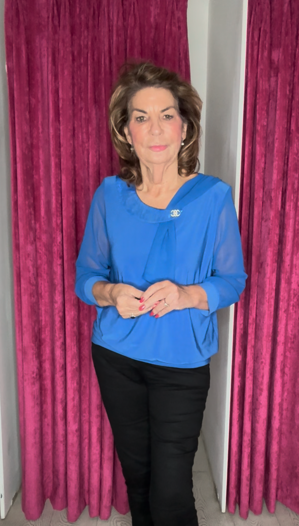 Blue Top With Glitter Neck Line & Sheer Sleeves