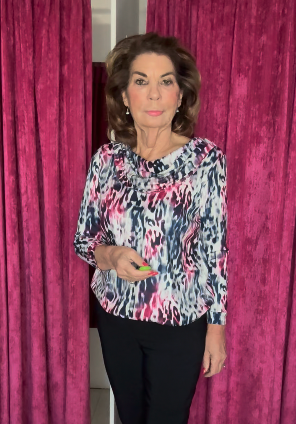 Pink and Navy Animal Print Cowl Neck Top