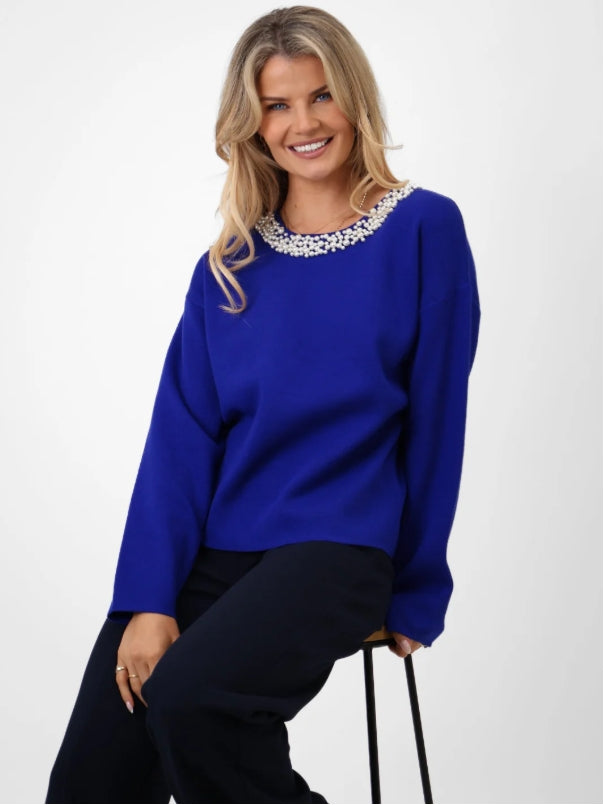 Royal Blue Annabelle Jumper With Pearl Detailing